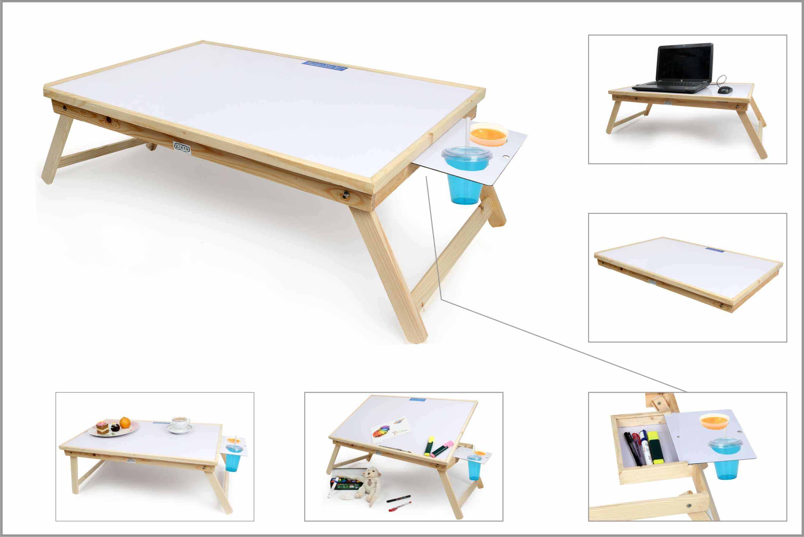 Ekta Product Large White Wooden Folding Laptop Table with Whiteboard Foldable and Portable Multi Purpose Laptop Table Study Table Bed Table Ergonomic and Rounded Edges Breakfast in Bed Table